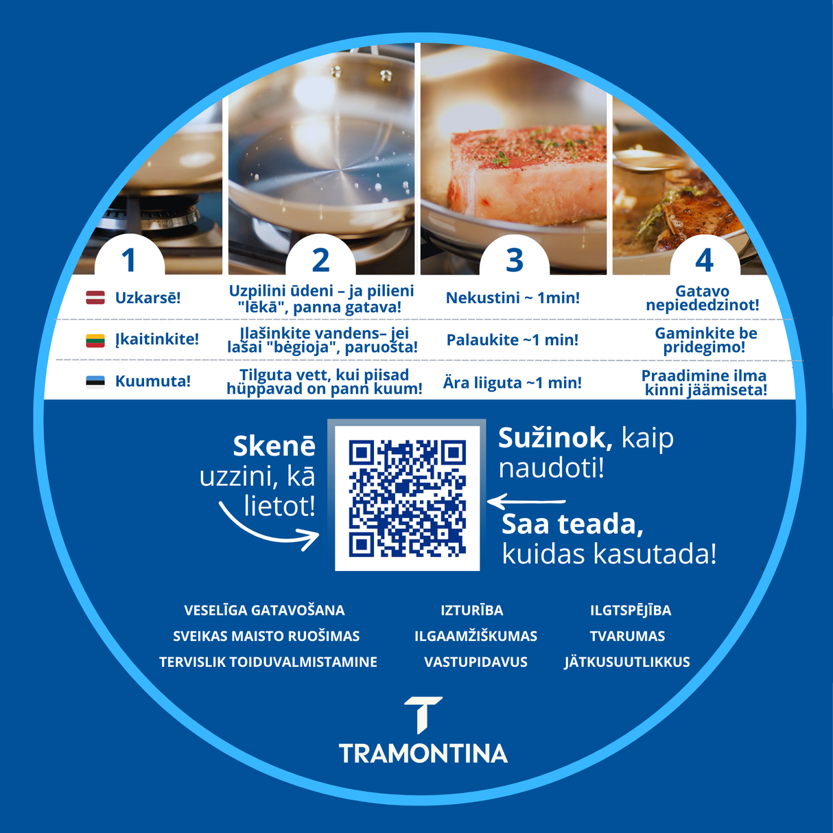 GRANO, 30 cm stainless steel frying pan with tri-ply body and long handle