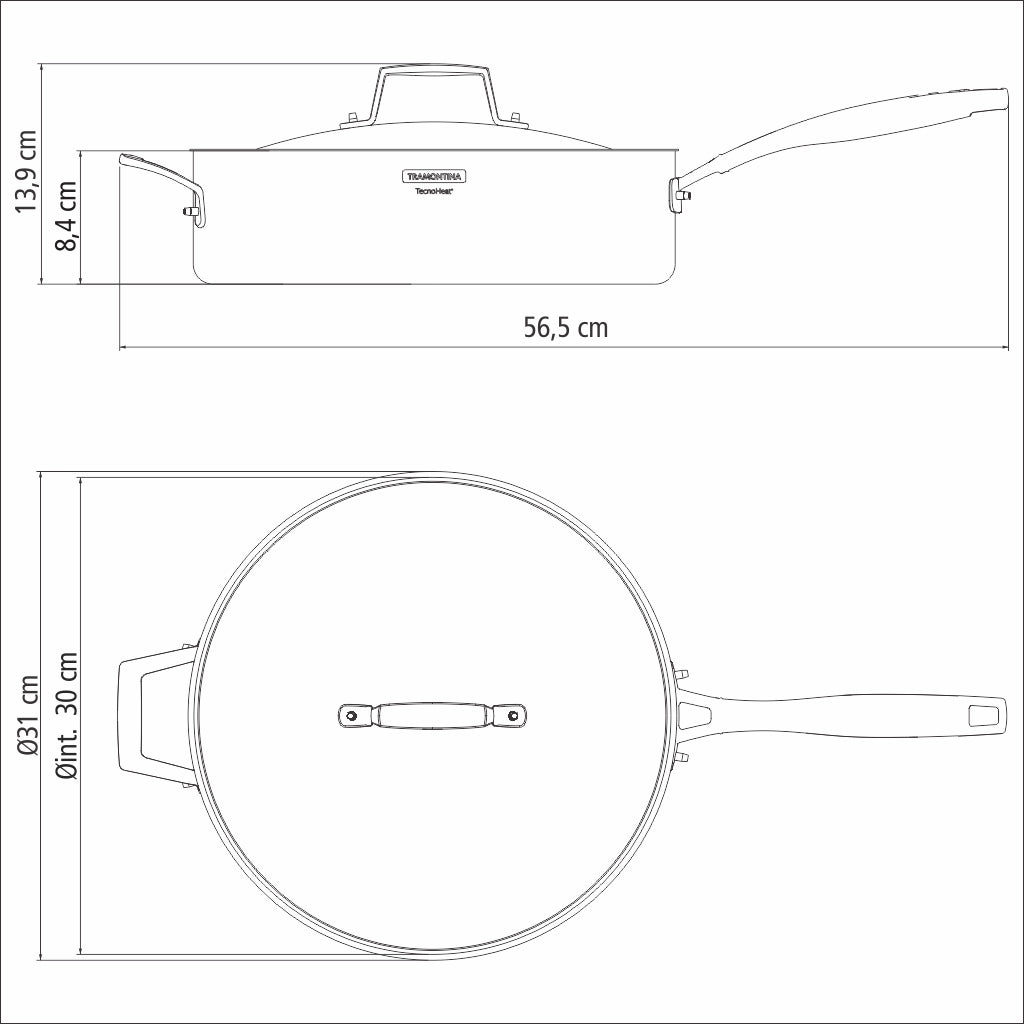 Tramontina Grano 30 cm 5.6 L stainless steel frying pan with tri-ply body, lid and long handle