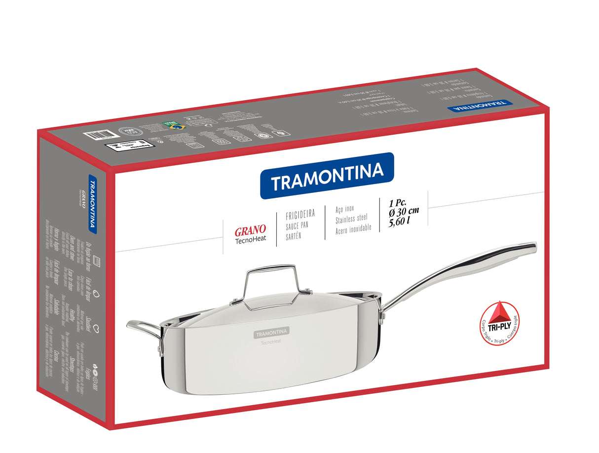 Tramontina Grano 30 cm 5.6 L stainless steel frying pan with tri-ply body, lid and long handle