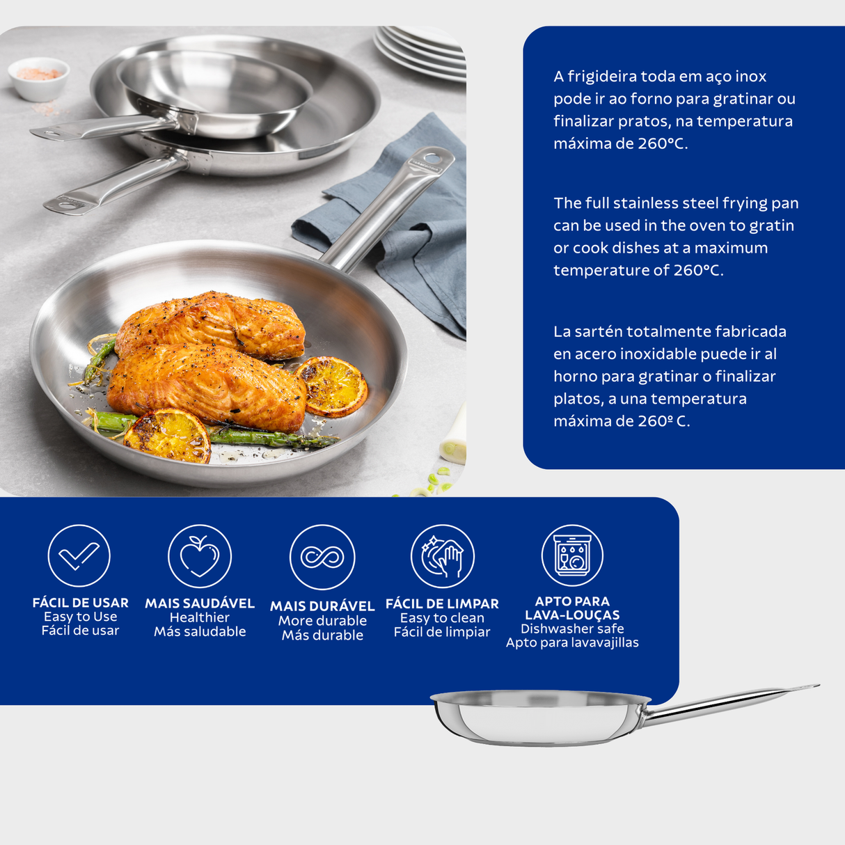 „Tramontina Professional“ negili nerūdijančio plieno keptuvė su ilga rankena ir trijų sluoksnių dugnu